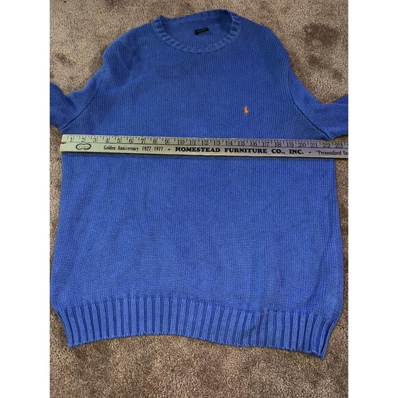 Vintage Polo Ralph Lauren Cotton Blue Knit Sweater Large Crewneck Orange Logo - Picture 2 of 4